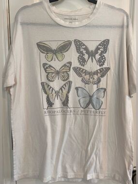 American Eagle White Graphic Tee with Pastel Butterfly